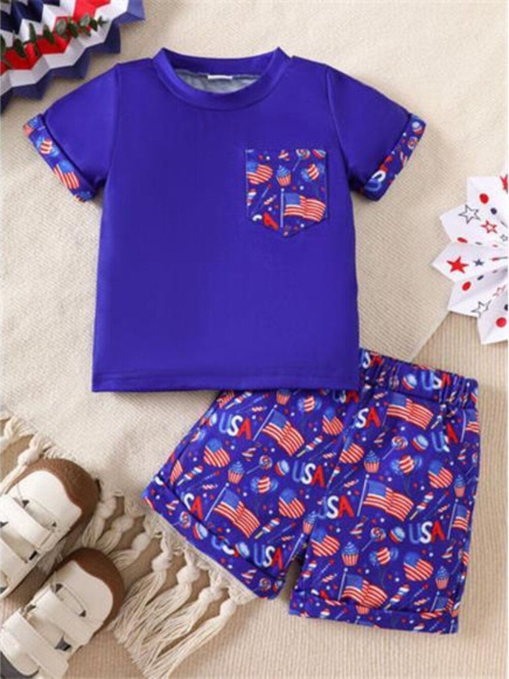 Children's Patriotic USA Flag Print Tee and Shorts Set